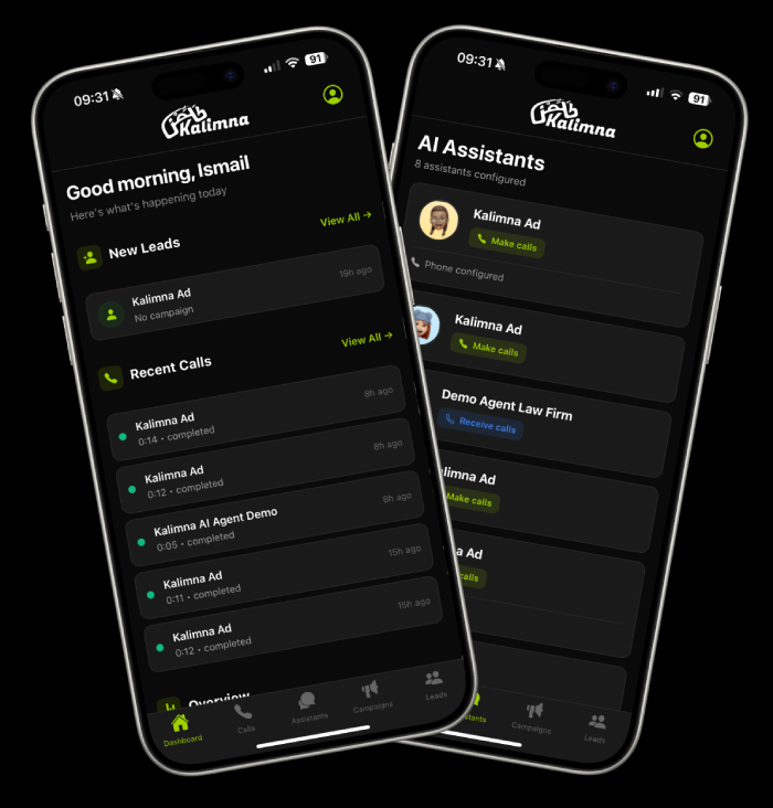 Kalimna mobile app showing AI phone agent dashboard, campaign tracking, call management and lead monitoring on smartphone
